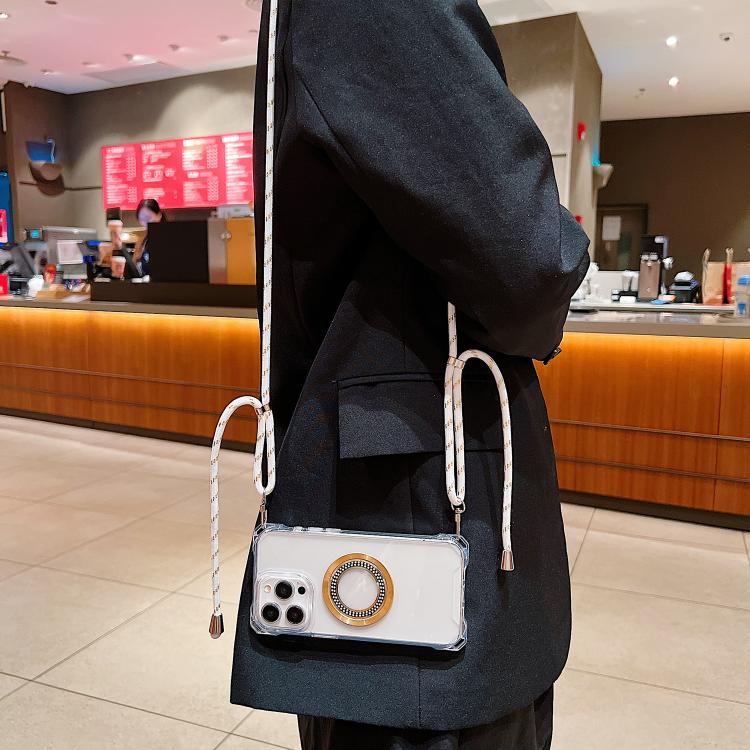 Funda para Teléfono TPU iPhone 15 Plus Traveler Crossbody con Cuatro Esquinas y Cordón (Blanca)