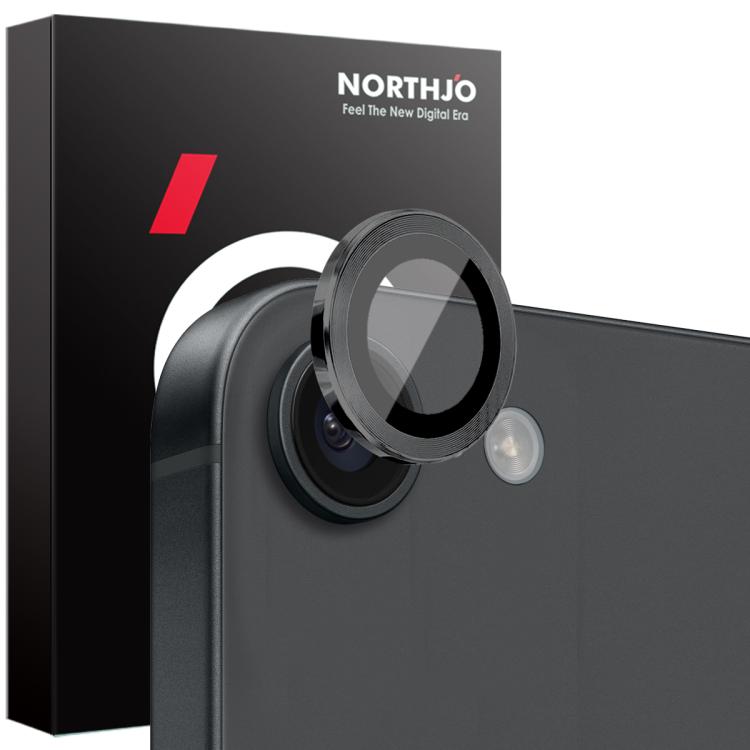 Protector de Lente de Cámara Northjo para iPhone 16E Anillo de Metal Película de Vidrio Templado (Negro)