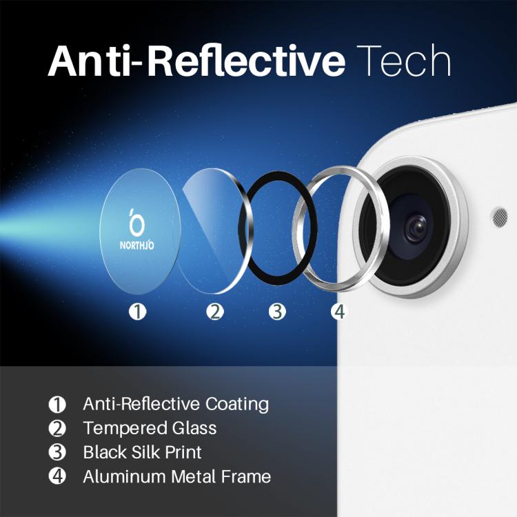 Protector de Lente de Cámara Northjo para iPhone 16E Anillo de Metal Película de Vidrio Templado (Plata)