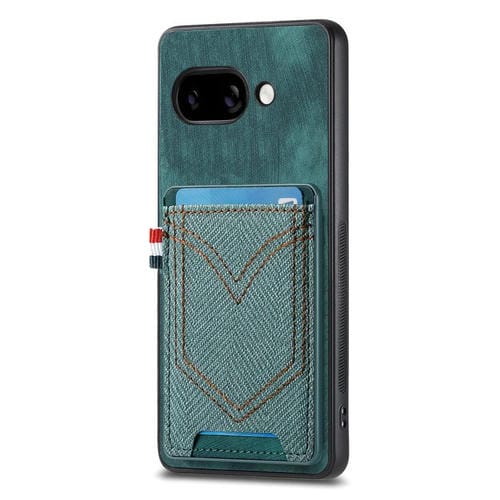 Funda de Piel Textura Vaquera para Google Pixel 9A con Ranura para Tarjetas (Verde)