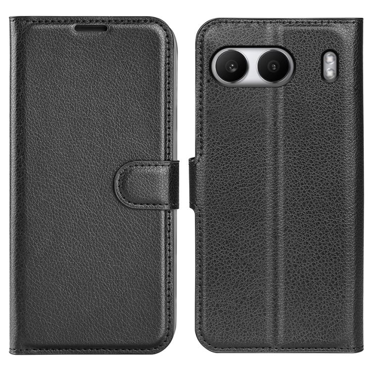 Funda de Cuero OnePlus Nord 4 con Tapa Horizontal Textura de Lichi y Soporte (Negro)