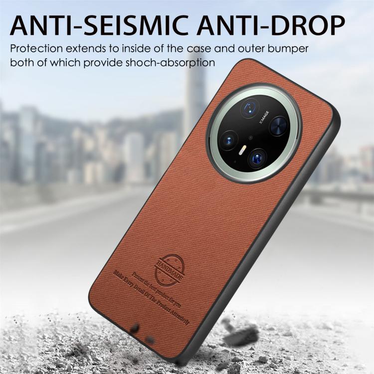 Funda para Teléfono Huawei Mate 70 Pro con Parte Trasera de Piel y Tejido de Sarga (Marrón)