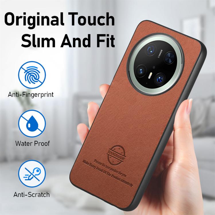 Funda para Teléfono Huawei Mate 70 Pro con Parte Trasera de Piel y Tejido de Sarga (Marrón)