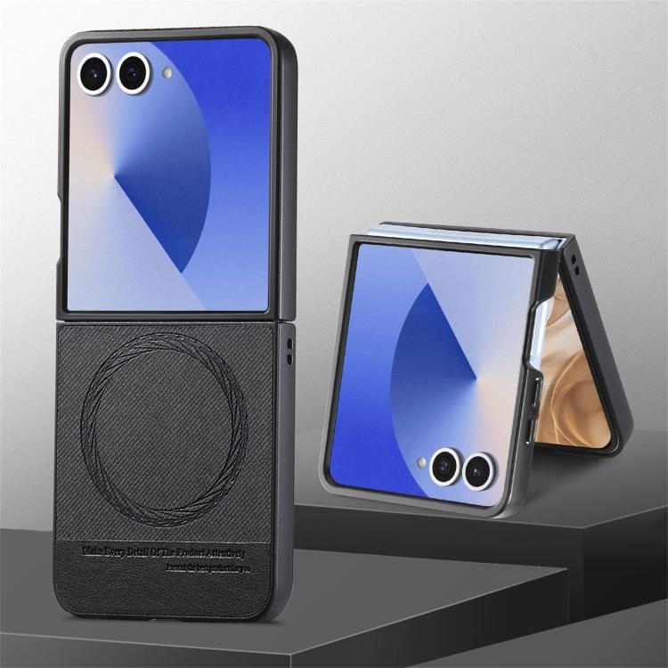 Funda magnética de piel de sarga para Samsung Galaxy Z Flip7 5G (negra)