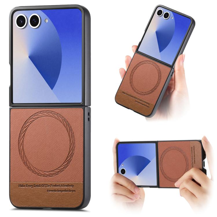 Funda magnética de piel de sarga para Samsung Galaxy Z Flip7 5G (marrón)