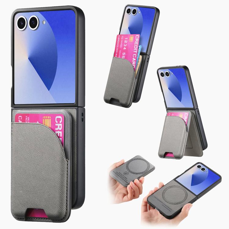 Funda magnética para Samsung Galaxy Z Flip7 5G, de piel y sarga, con tarjetero (gris)
