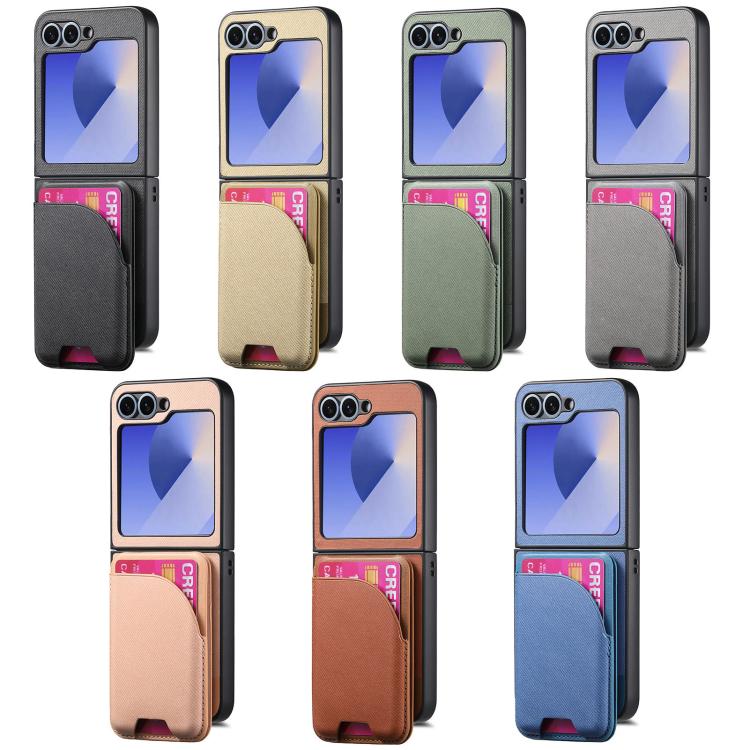 Funda magnética para Samsung Galaxy Z Flip7 5G, de piel y sarga, con tarjetero (gris)