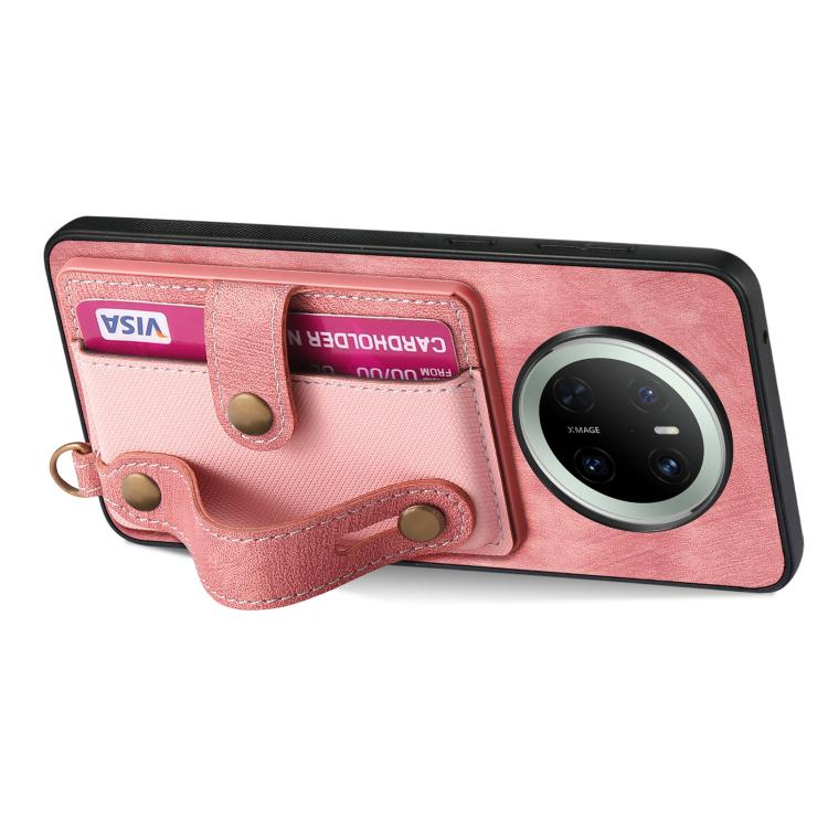 Funda de Cuero Tipo Cartera para Huawei Mate 70 con Diseño Retro y Pulsera Cruzada (Rosa)