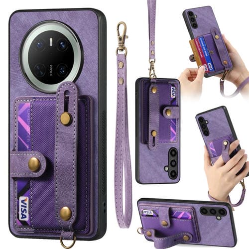 Funda de Cuero Tipo Cartera con Pulsera Cruzada para Huawei Mate 70 (Morado)