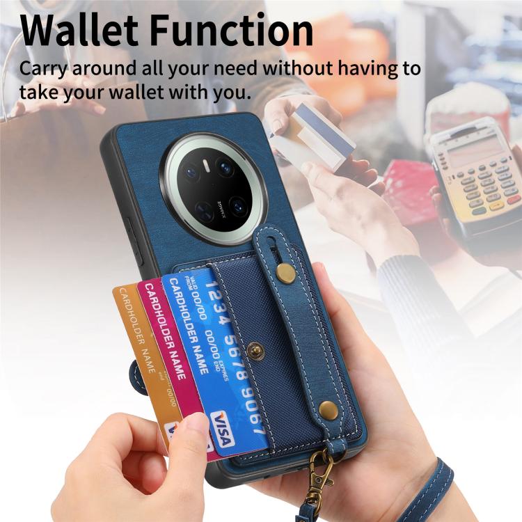 Funda de Cuero Tipo Billetera para Huawei Mate 70 Pro con Diseño Retro y Pulsera Cruzada (Azul)