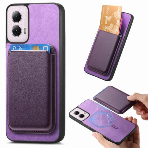 Funda Trasera PU con Ranuras para Tarjetas Magsafe para Motorola Moto G Power 2024 5G (Morado)