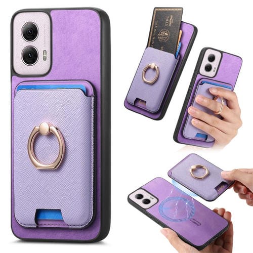 Funda para Motorola Moto G35 con Ranuras para Tarjetas y Anillo de Cuero (Morado)