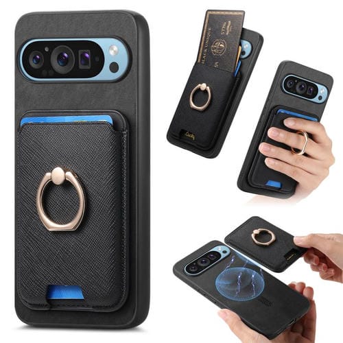 Funda para Google Pixel 9 Pro XL con Ranuras para Tarjetas y Diseño Retro de Cruz de Cuero (Negro)