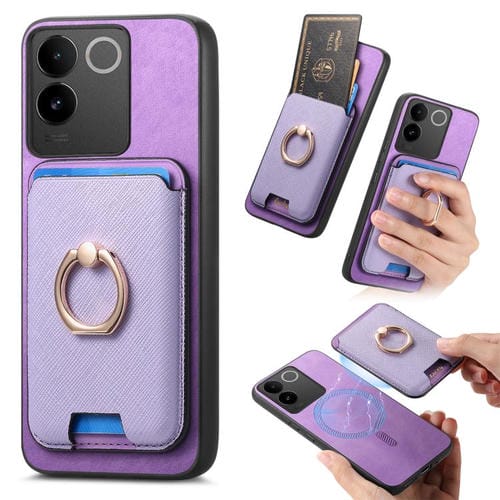 Funda para Vivo S20 Retro Cross Leather Ring Vertical Insert Card Bag Magsafe (Morado)