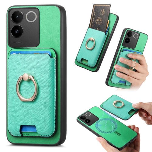 Funda Magsafe para Vivo S20 Retro Cross Leather Ring Vertical Insert Card Bag (Verde)
