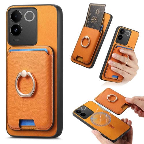 Funda para Vivo S20 Pro con Anillo de Cuero Retro Cruzado y Ranuras para Tarjetas, con Inserción Vertical, Magsafe (Amarilla)