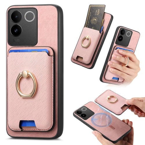 Funda para Vivo S20 Pro con Anillo de Cuero Retro Cruzado, Inserto Vertical para Tarjetas, Magsafe (Rosa)