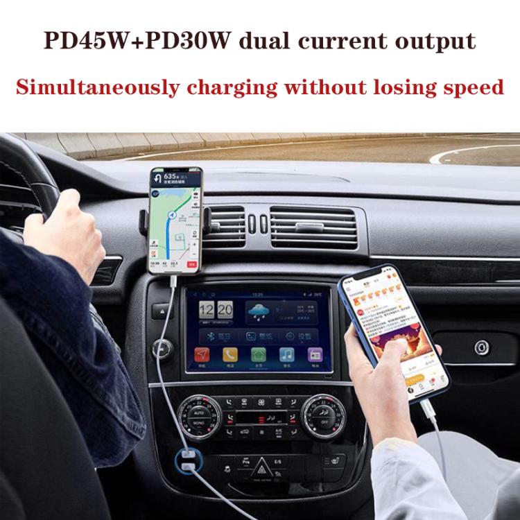 Cargador de coche tipo C de doble puerto P65 PD45W + PD30W para iPhone/iPad (blanco)