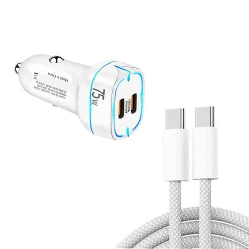 Cargador de coche PD45W + PD30W de doble puerto tipo C con cable de datos USB-C a USB-C (blanco)