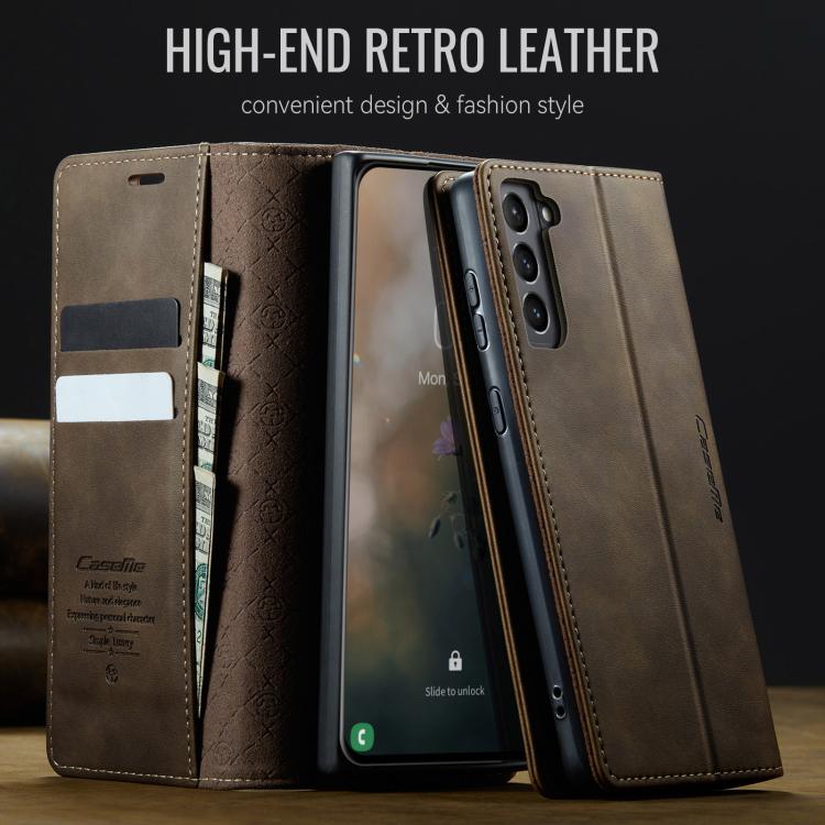 Funda CaseMe 033 para Samsung Galaxy S21 5G, forro de piel de becerro, microfibra, con bloqueo RFID (café)