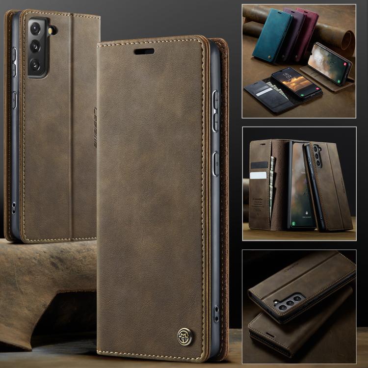 Funda CaseMe 033 para Samsung Galaxy S21 5G, forro de piel de becerro, microfibra, con bloqueo RFID (café)