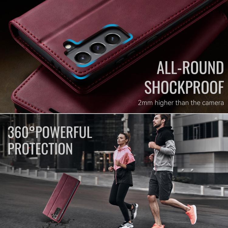 Funda CaseMe 033 para Samsung Galaxy S21 5G, forro de piel de becerro, microfibra, con bloqueo RFID (roja)
