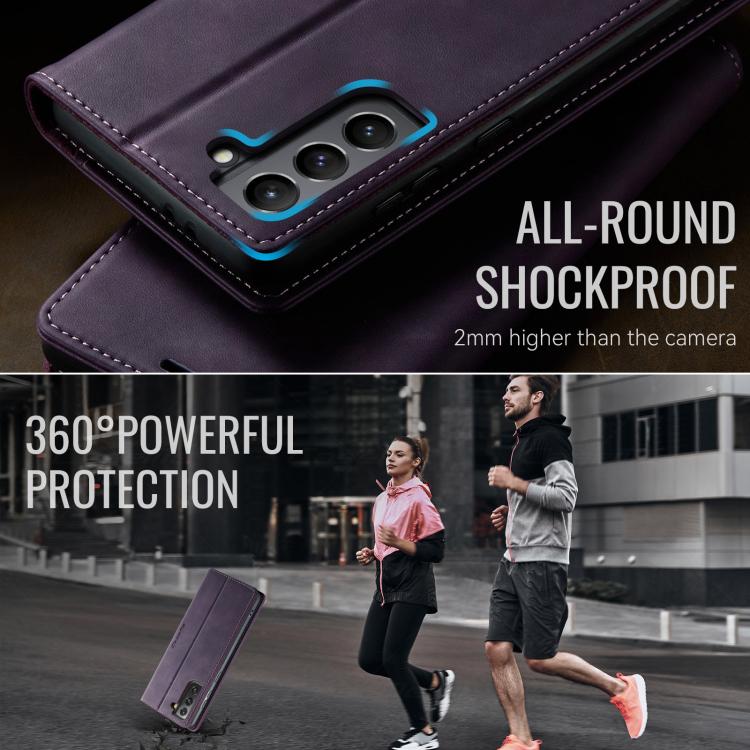 Funda CaseMe 033 para Samsung Galaxy S21 5G, forro de piel de becerro, microfibra, con bloqueo RFID (morado)