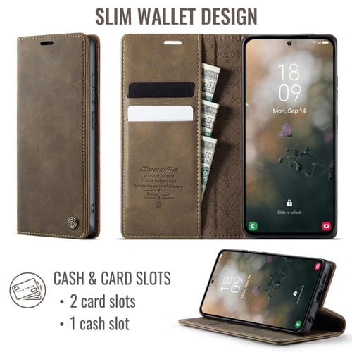 Funda para Samsung Galaxy A51 CaseMe 033 con forro de piel de becerro, microfibra y bloqueo RFID (café)