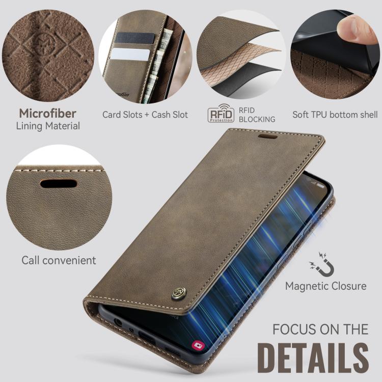 Funda CaseMe 033 para Samsung Galaxy A52/A52S 5G, forro de piel de becerro, microfibra, con bloqueo RFID (café)