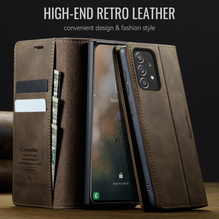 Funda CaseMe 033 para Samsung Galaxy A52/A52S 5G, forro de piel de becerro, microfibra, con bloqueo RFID (café)