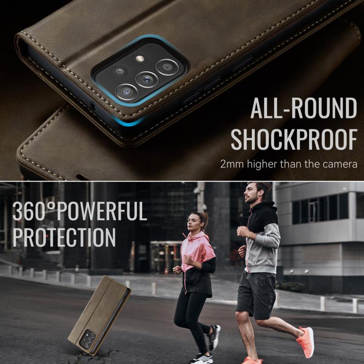 Funda CaseMe 033 para Samsung Galaxy A52/A52S 5G, forro de piel de becerro, microfibra, con bloqueo RFID (café)