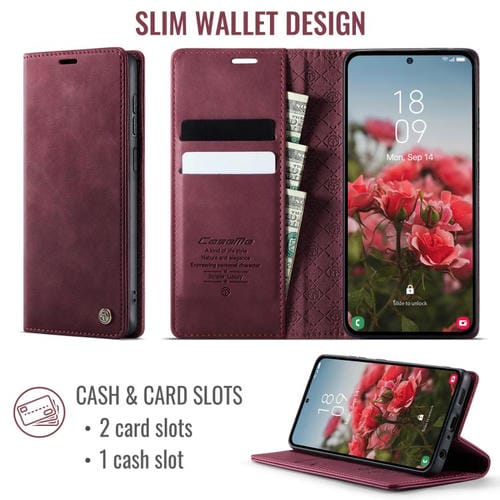 Funda CaseMe 033 para Samsung Galaxy A52/A52S 5G, forro de piel de becerro, microfibra, con bloqueo RFID (roja)