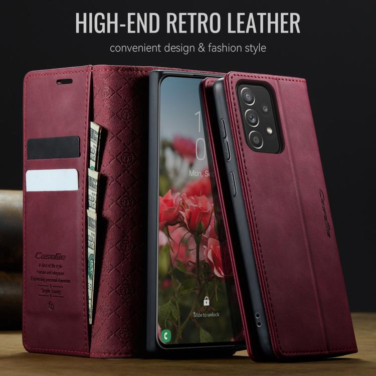 Funda CaseMe 033 para Samsung Galaxy A52/A52S 5G, forro de piel de becerro, microfibra, con bloqueo RFID (roja)