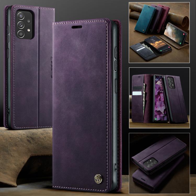 Funda CaseMe 033 para Samsung Galaxy A52/A52S 5G, forro de piel de becerro, microfibra, con bloqueo RFID (morado)