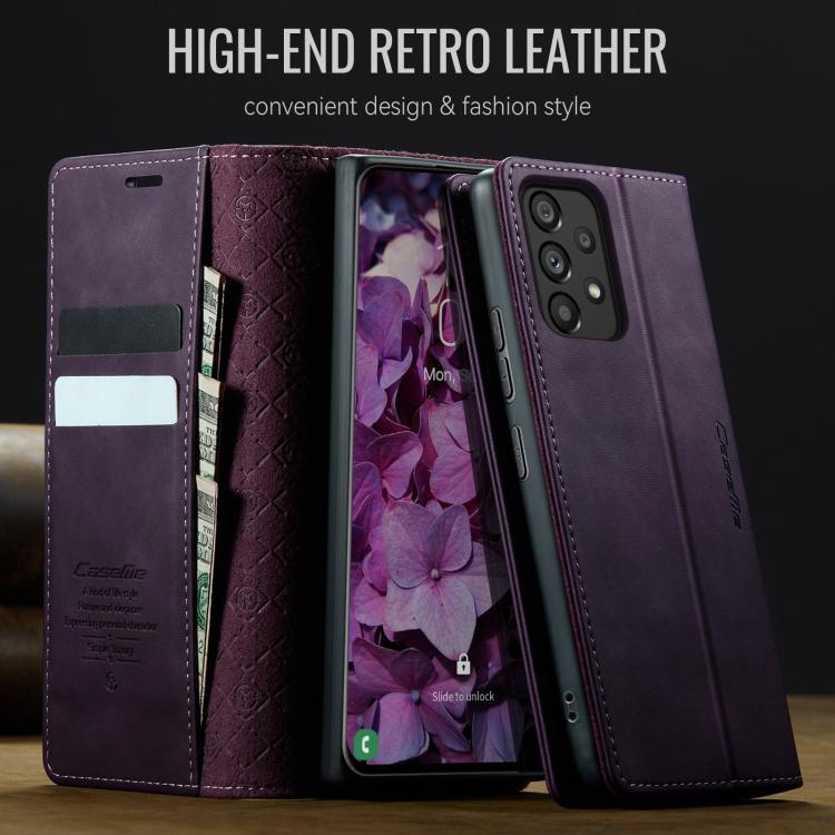 Funda CaseMe 033 para Samsung Galaxy A53, forro de piel de becerro, microfibra, con bloqueo RFID (morado)