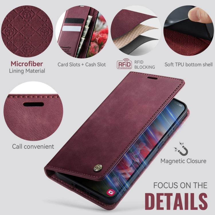 Funda para Samsung Galaxy A54 CaseMe 033 con forro de piel de becerro, microfibra y bloqueo RFID (roja)