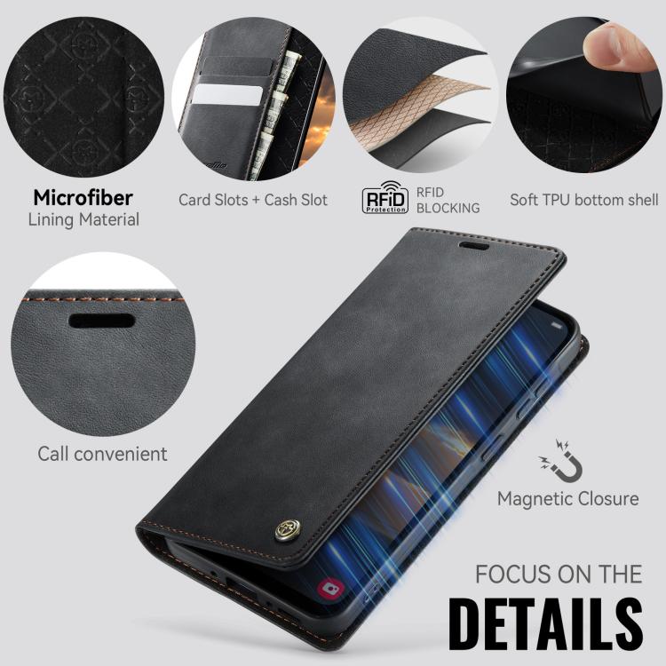 Funda para Samsung Galaxy A55 CaseMe 033 con forro de piel de becerro, microfibra y bloqueo RFID (negra)