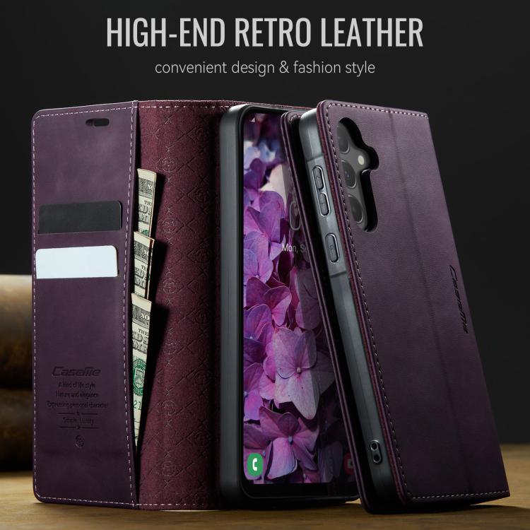 Funda para Samsung Galaxy A55 CaseMe 033 con forro de piel de becerro, microfibra y bloqueo RFID (morado)