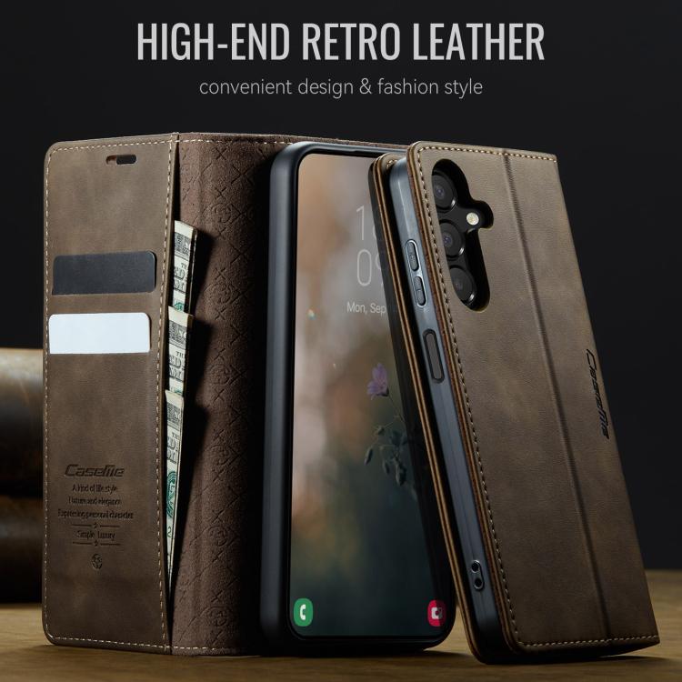 Funda CaseMe 033 para Samsung Galaxy A14, forro de piel de becerro, microfibra, con bloqueo RFID (café)