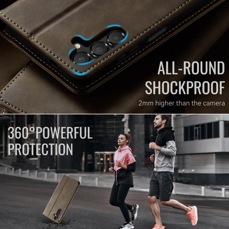 Funda CaseMe 033 para Samsung Galaxy A14, forro de piel de becerro, microfibra, con bloqueo RFID (café)