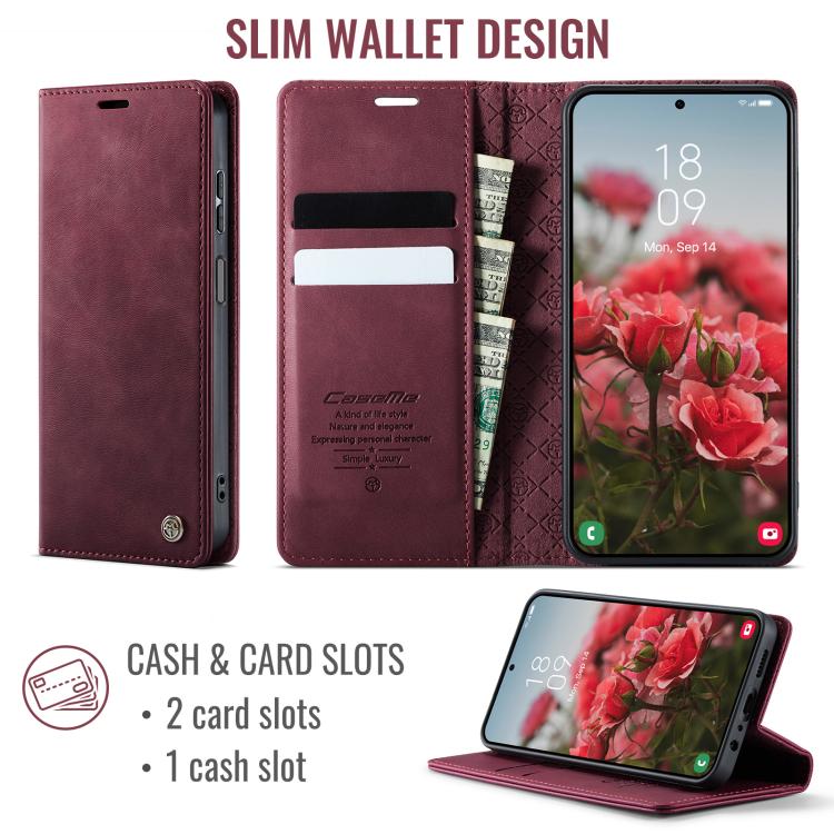 Funda para Samsung Galaxy A14 CaseMe 033 con forro de piel de becerro, microfibra y bloqueo RFID (roja)
