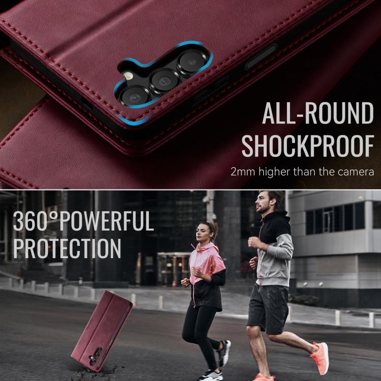 Funda para Samsung Galaxy A14 CaseMe 033 con forro de piel de becerro, microfibra y bloqueo RFID (roja)