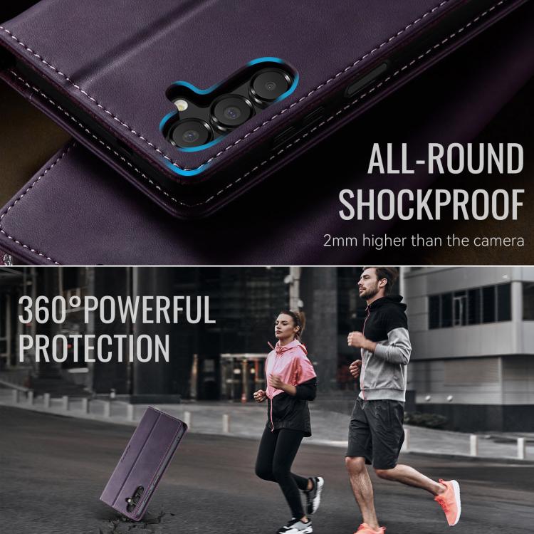 Funda CaseMe 033 para Samsung Galaxy A14, forro de piel de becerro, microfibra, con bloqueo RFID (morado)