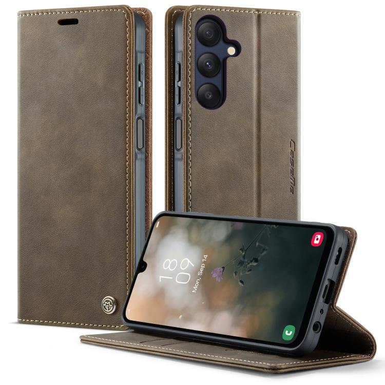 Funda para Samsung Galaxy A25 CaseMe 033 con forro de piel de becerro, microfibra y bloqueo RFID (café)