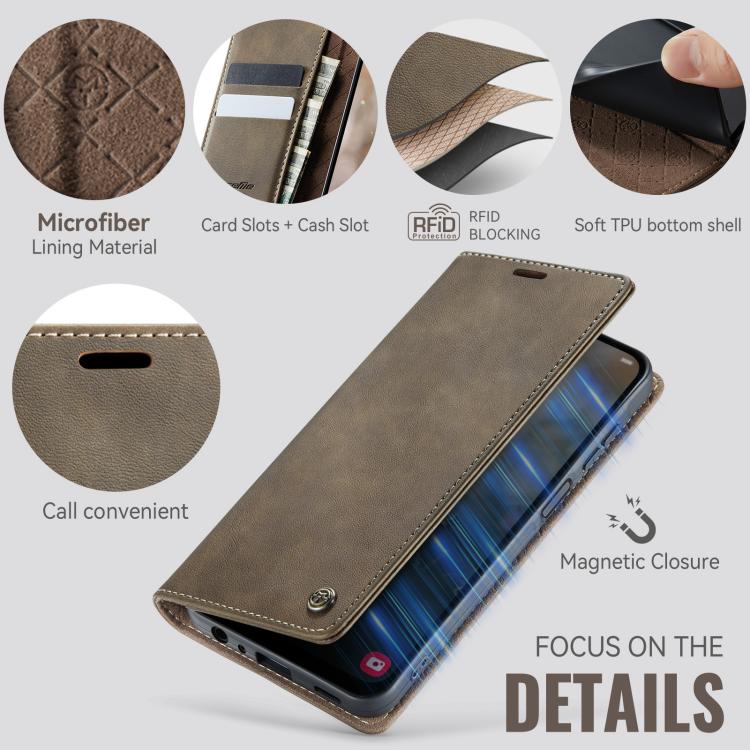 Funda para Samsung Galaxy A25 CaseMe 033 con forro de piel de becerro, microfibra y bloqueo RFID (café)