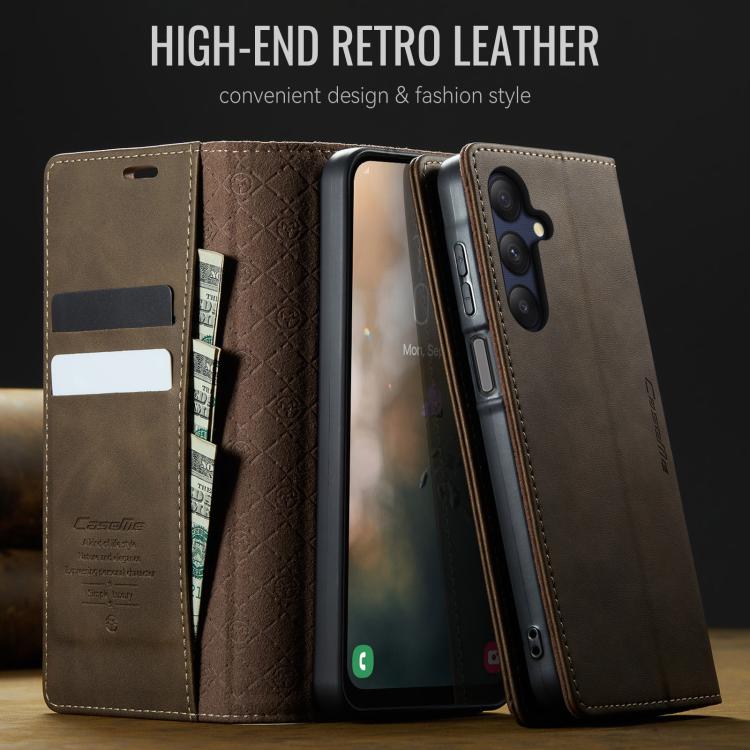 Funda para Samsung Galaxy A25 CaseMe 033 con forro de piel de becerro, microfibra y bloqueo RFID (café)