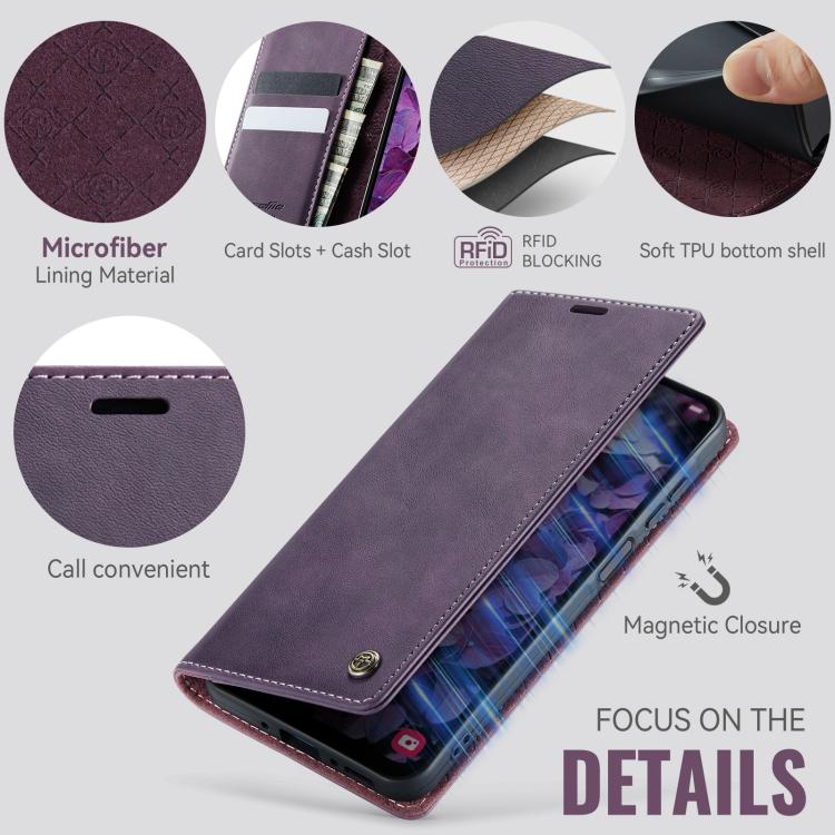 Funda CaseMe 033 para Samsung Galaxy A26, forro de piel de becerro, microfibra, con bloqueo RFID (morado)