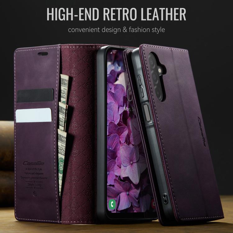 Funda CaseMe 033 para Samsung Galaxy A26, forro de piel de becerro, microfibra, con bloqueo RFID (morado)