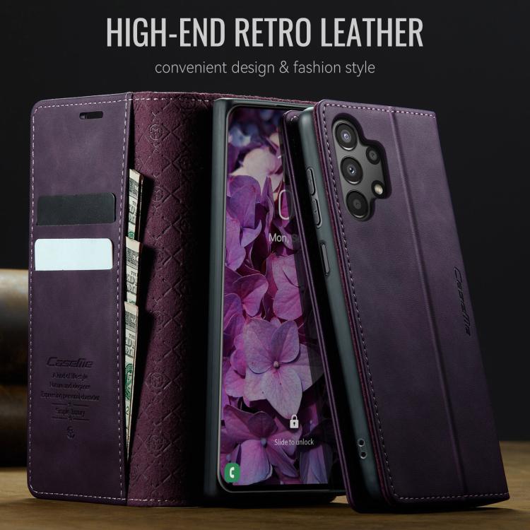 Funda CaseMe 033 para Samsung Galaxy A13/A04s, forro de piel de becerro, microfibra y bloqueo RFID (morado)