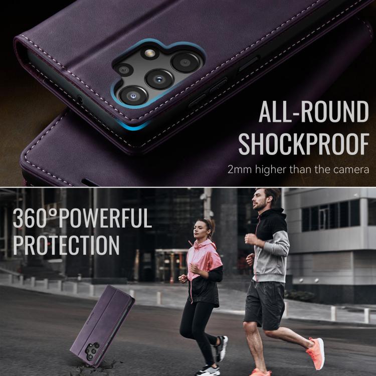 Funda CaseMe 033 para Samsung Galaxy A13/A04s, forro de piel de becerro, microfibra y bloqueo RFID (morado)